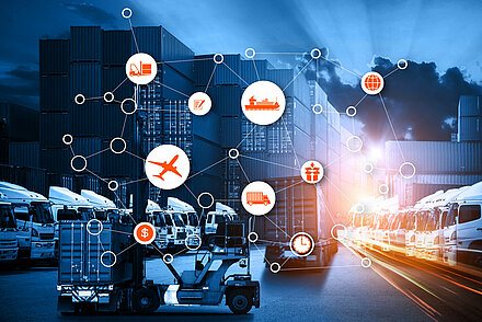 Freight trucks lined up with a graphical overlay that demonstrate what is affected by freight fraud including money and time