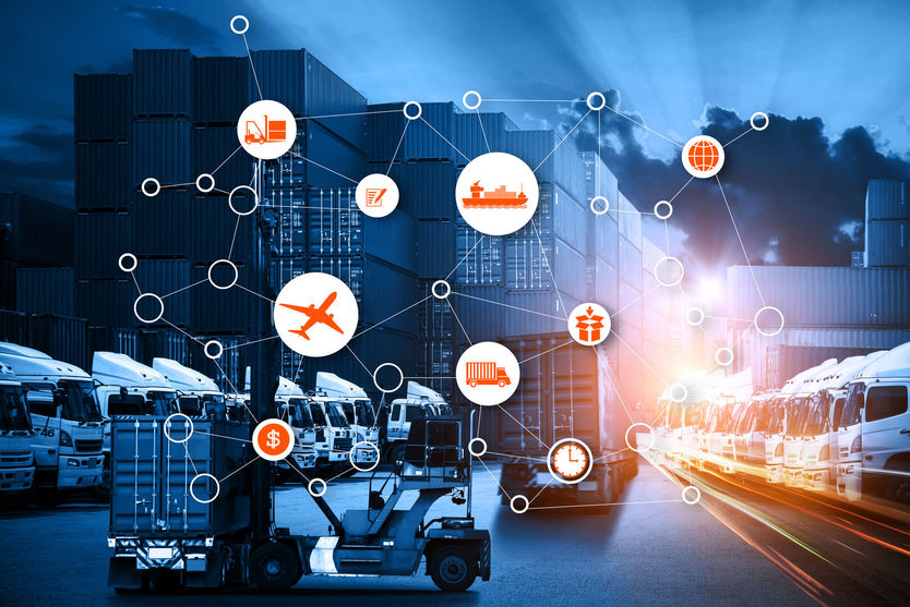 Freight trucks lined up with a graphical overlay that demonstrate what is affected by freight fraud including money and time